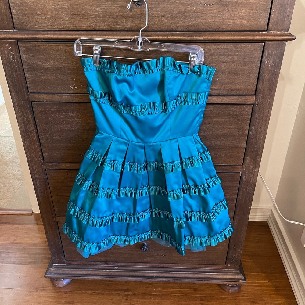 Strapless Teal Ruffle Fit-and-Flare Dress